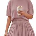 Womens 2 Piece Outfits 2026 Short Sleeve Crewneck Knit Tops And Pleated Mini Skirt Two Piece Sets (Pink, XS)