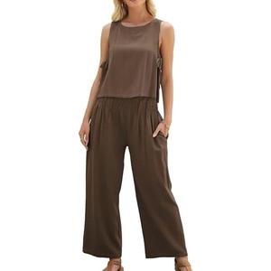 HYLLGUD Women's Summer 2 Piece Outfits Linen Sleeveless Crop Top Palazzo Wide Leg Pants Pockets Beach Lounge Set XL