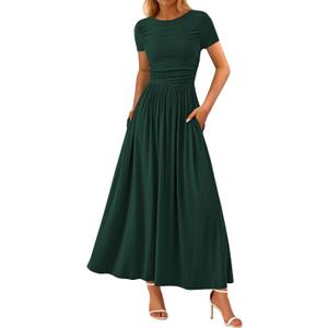 PRETTYGARDEN Women's Casual Dresses 2025 Summer Short Sleeve Ruched Patchwork A Line Pleated Swing Maxi Dress with Pockets (Dark Green,Large) (Green)
