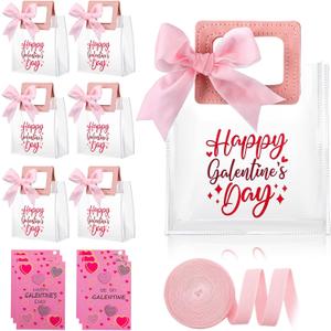 SilTriangle 6 Pcs Galentine's Day Gift Bags Plastic Clear PVC Heart Valentine Bag with Handle Ribbon Card Reusable Transparent for Galentines Her Women Friend Birthday Gift 6.7x5.9x3.1 in