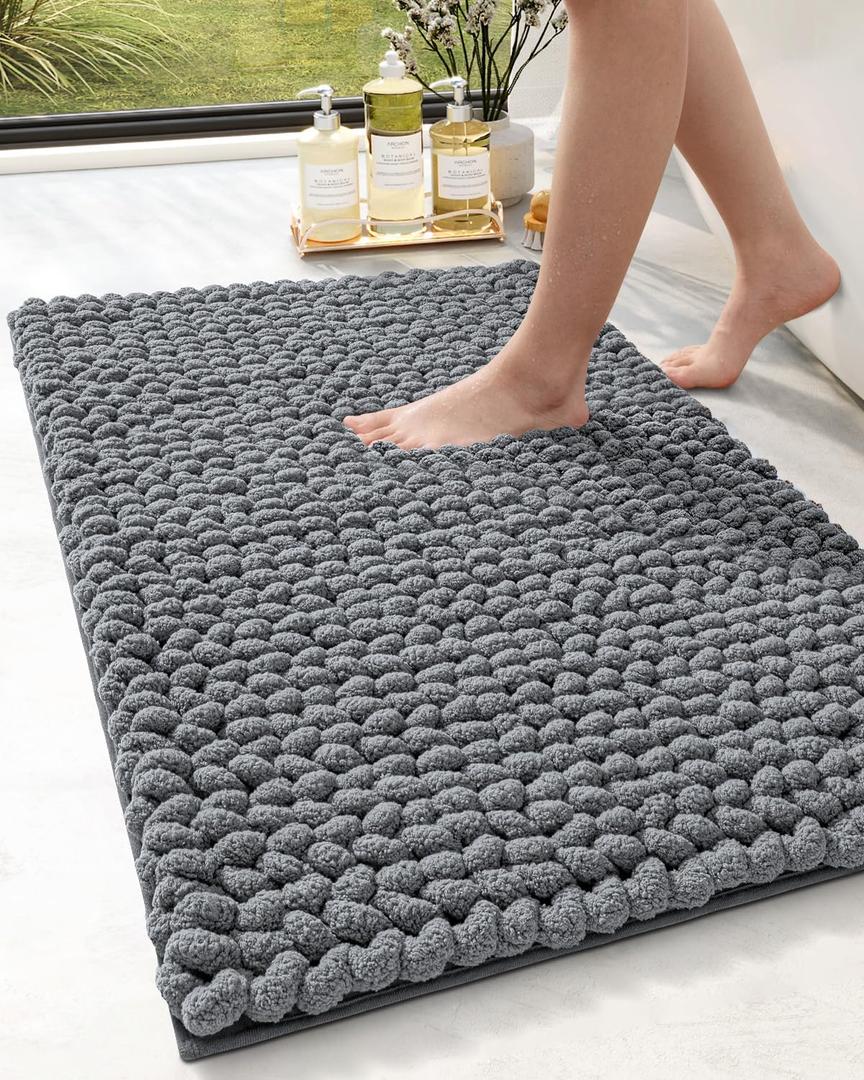 DEXI Bathroom Rugs 17x30, Non Slip Washable Bath Mat, Luxury Chenille Super Absorbent Thick Bathmats for Shower Floor, Plush Fluffy Shaggy Carpet for Tub, Dark Grey