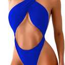 Kaei&Shi Sexy One Piece Swimsuit for Women,Cut Out Criss Cross Bathing Suit,Thong Monokini Swimsuits, Large, Royal Blue 