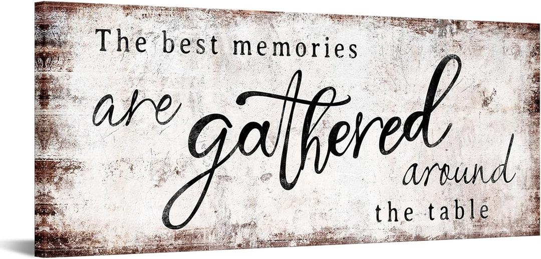 KREATIVE ARTS Gathered Around Table Quote Canvas Print 20x48 Inch Rustic Farmhouse Dining Room Wall Art Horizontal Kitchen Sign Family Food Blessing Decor Stretched Ready to Hang
