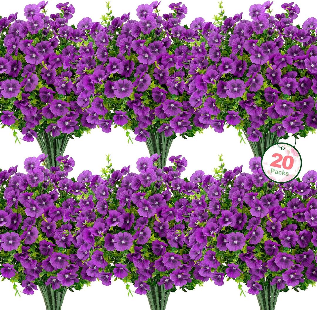 Roberly 20 Bundles Artificial Flowers for Outdoors, Fake Silk Flowers with Plastic Eucalyptus Greenery Stems Realistic Faux Plants for Spring Summer Porch Patio Yard Garden Vase Home Decor, Purple