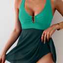 B2prity Women's One Piece Swim Dress Swimsuit Tummy Control V Neck Swimdress Mesh Bathing Suit Skirt U Ring Swimwear (S)