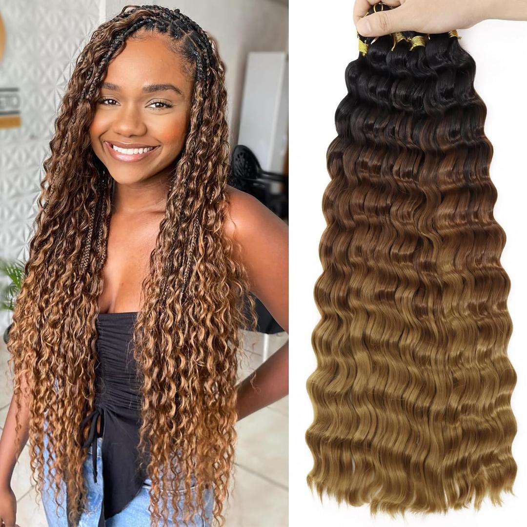 Eerya Ocean Wave Crochet Hair 18 Inch 6 Packs Deep Wave Crochet Hair for Black Women Synthetic Wavy Curly Braiding Hair for Boho Braids (18 inch, T1B/30/27)
