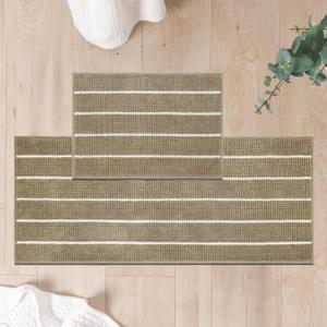 FRESHMINT Stripe Chenille Bathroom Rugs Set 2 Piece 17"x24"+20"x47", Water Absorbent Soft Bath Mat for Bathroom, Non Slip Bath Rug Washable Quick Dry Shower Mats, Beige and White