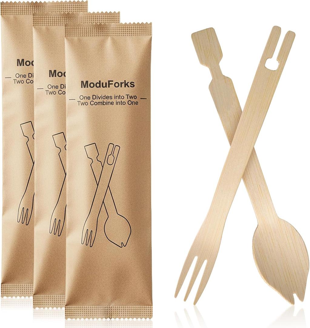 30 Sets Interlocking Bamboo Forks and Spoons, Bamboo Forks Spoons Combo Set, 3 Funtions 60 Pcs Biodegradable Disposable Cutlery for Party Camping and Serving Food