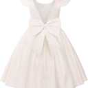 Uhnice Flower Girl Satin Dress with Pearls Flutter Sleeves V Back Gown with Removable Bow for Wedding Birthday Party (2-3T)