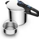 T-Fal Secure Trendy Stainless Steel Pressure Cooker, 8.5 Quart, Steam Basket, Induction, Secure Locking System, Easy and Safe Opening, Compatible with All Cooktops, Dishwasher Safe, Silver