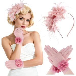 Fascinators Hats for Women and Tea Party Gloves Set, Headband with Feather Pearl Veil for Wedding Cocktail Dresses