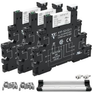 3Pcs Electromechanical Relay Black Miniature Power Relay 24VDC and 24VAC HF41F/24-ZS 6Amp SPDT with LED Light, DIN Rail, Ultra Small and Thin Socket
