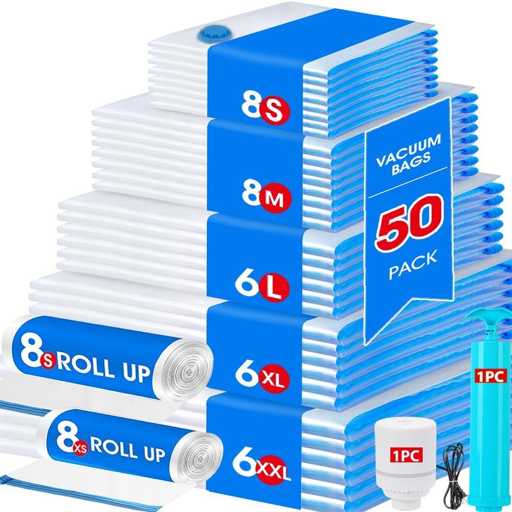 AROIC 50 Pack Vacuum Storage Bags Set - Space Saver Vacuum Bags for Clothing, Blankets, Seasonal Storage with Electric Pump, Vacuum Sealer Bags for Luggage, Travel Essentials, Bedding