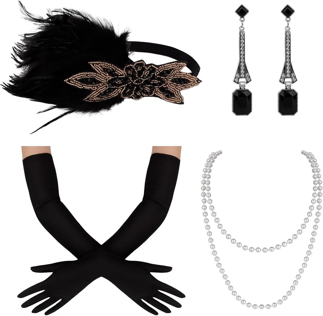 Wecoe 1920s Flapper Accessories Set for Women - 6Pcs Including Vintage Feather Headband, Pearl Necklace, Gloves & Earrings