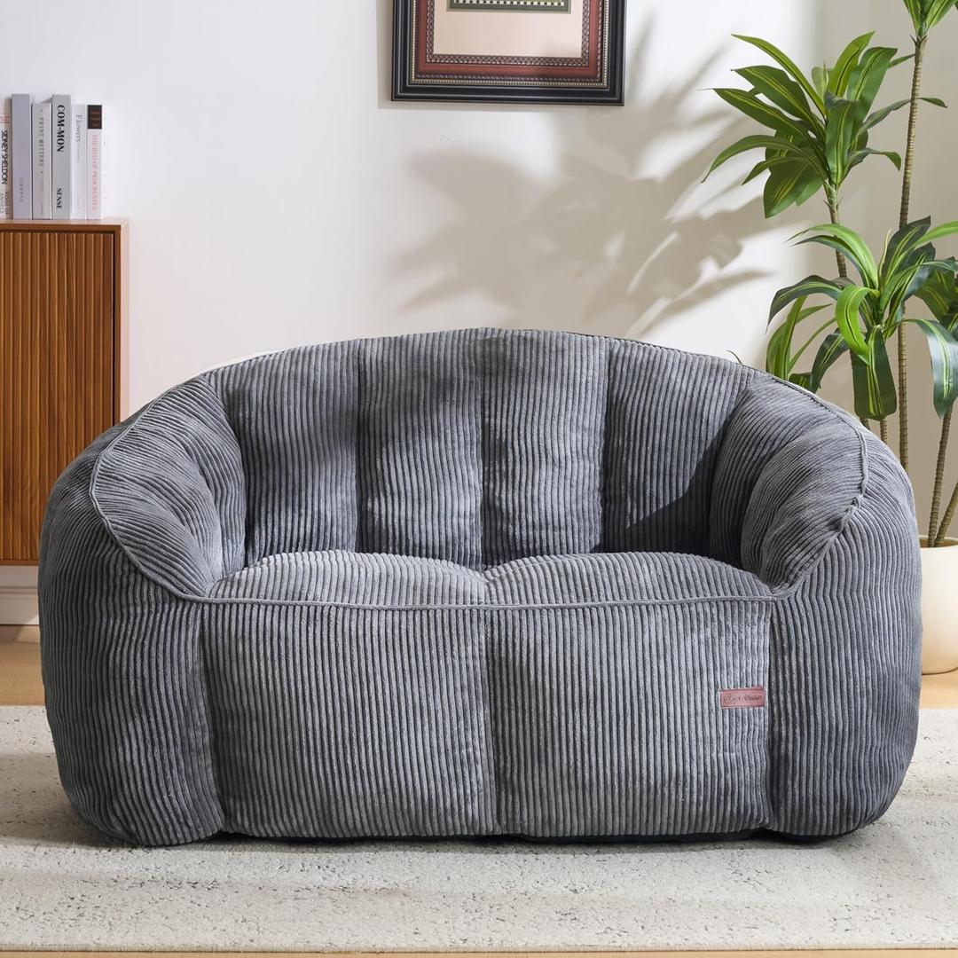 Royal Windsor Bean Bag Chairs for Adults, Loveseat Bean Bag Sofa for Small Spaces, Comfy Love Seat Small Couch for Living Room Bedroom, Grey