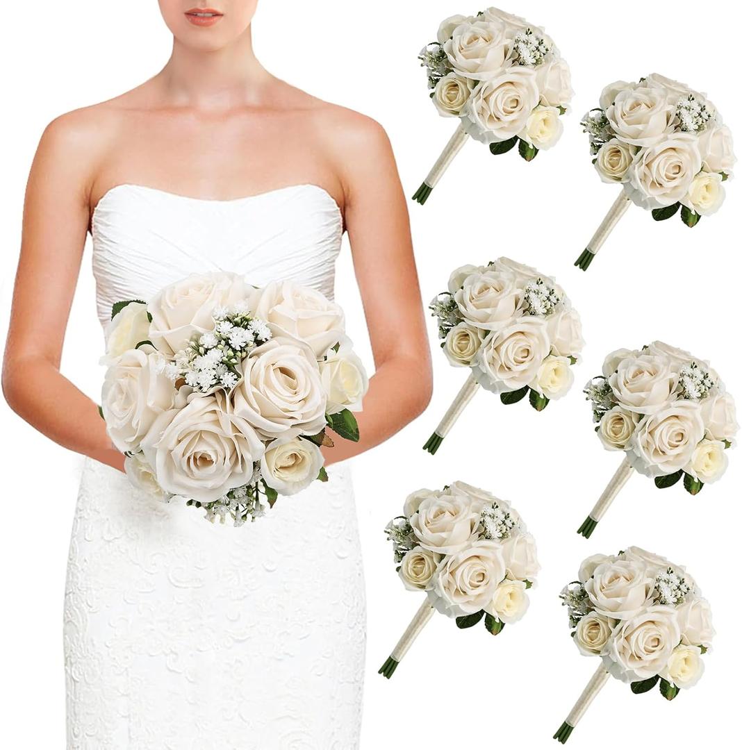 Wedding Bridesmaid Bouquets Set of 6, Artificial Silk Flowers Arrangement for Ceremony Marriage Proposal Party Anniversary Decorations - Champagne