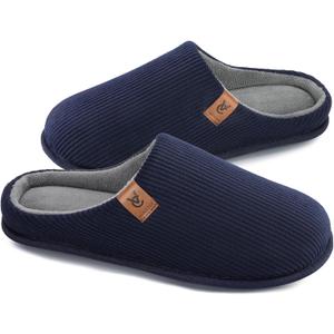 VeraCosy Men's Corduroy Slip-on Slippers Cozy Non-Slip Memory Foam Indoor House Shoes with Coral Fleece Lining Navy Blue, 13-14 US