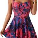 B2prity One Piece Swimdress Swimsuit for Women Tummy Control Wrap Swim Dress Modest Ruched Skirt Bathing Suit 2 XL