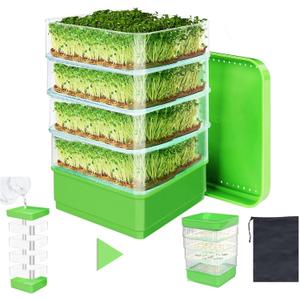 4-Tier Seed Sprouting Kit with Drain Holes and Drain Tray, Upgrade Stackable Microgreens Fresh Organic Bean Seed Sprouter Tray Ripple Soil-Free Sprouter Tray for Beans Alfalfa Seeds