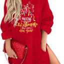 KIMSOONG Womens Christmas Dress Xmas Tree Sweatshirt Dress Drawstring Hoodie Oversized Casual Split Hem Tops with Pocket, Large