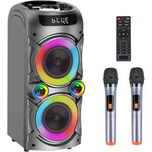 Karaoke Machine with 2 Wireless Microphones, Portable PA System Big Bluetooth Speaker with LED Lights, Remote Control Support Bass/Treble Adjustment, TF Card/USB, REC for Adult Kids Home Party
