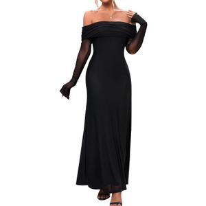 KUTUMAI Women Off Shoulder Bodycon Maxi Dress Long Sleeve Mesh Ruched Party Formal Wedding Guest Dresses (Black) L