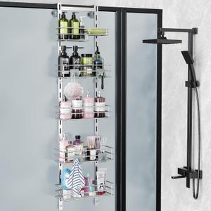 Orimade Over the Door Shower Caddy Adjustable 5 Tier Silver Grey,Bathroom Hanging Organizer Shelf Rustproof with 4 Hooks,Shower Basket with Soap Holder and Suction Cup