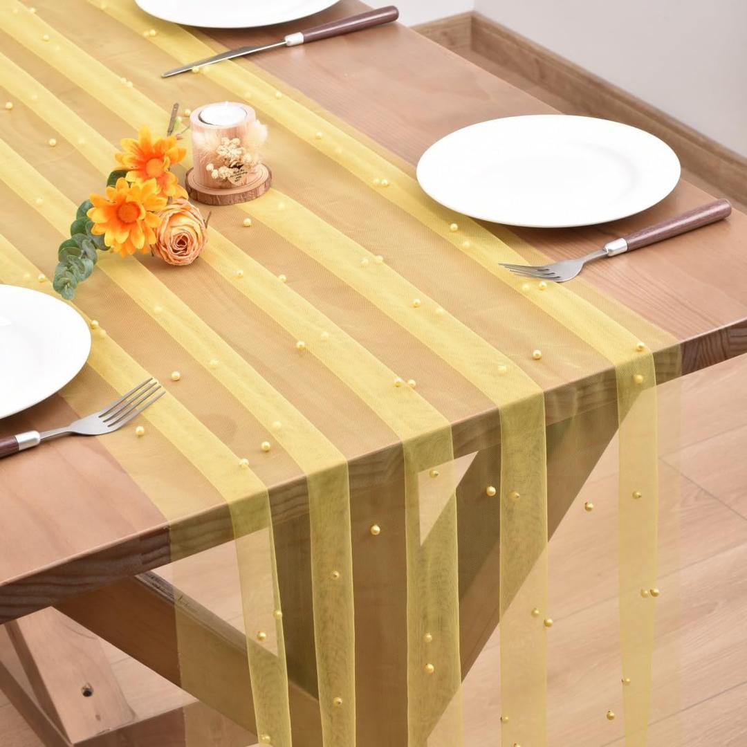 Yellow Pearl Table Runner Boho Rustic Tulle Lace Spring Easter Table Runner for Baby Shower Wedding Arch Decor Veil Dessert Table Decor 3pcs (10ft x 3pcs)