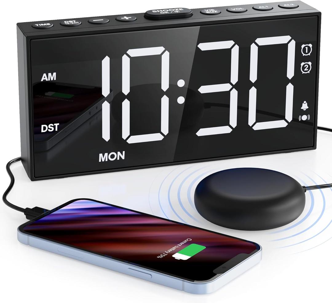 Mesqool Loud Alarm Clock for Heavy Sleeper, with Vibration for Hearing Impaired Deaf, Annoying Clock for Bedroom,USB Port,Dual Alarm with Snooze (White)