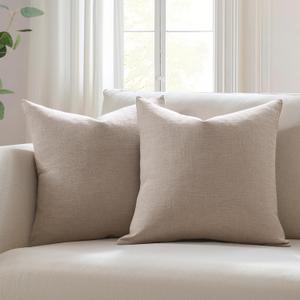Meekio Set of 2 Light Taupe Throw Pillow Covers 20x20, Modern Farmhouse Linen Blend Decorative Pillow Covers for Couch Sofa Bed, Neutral Home Decor