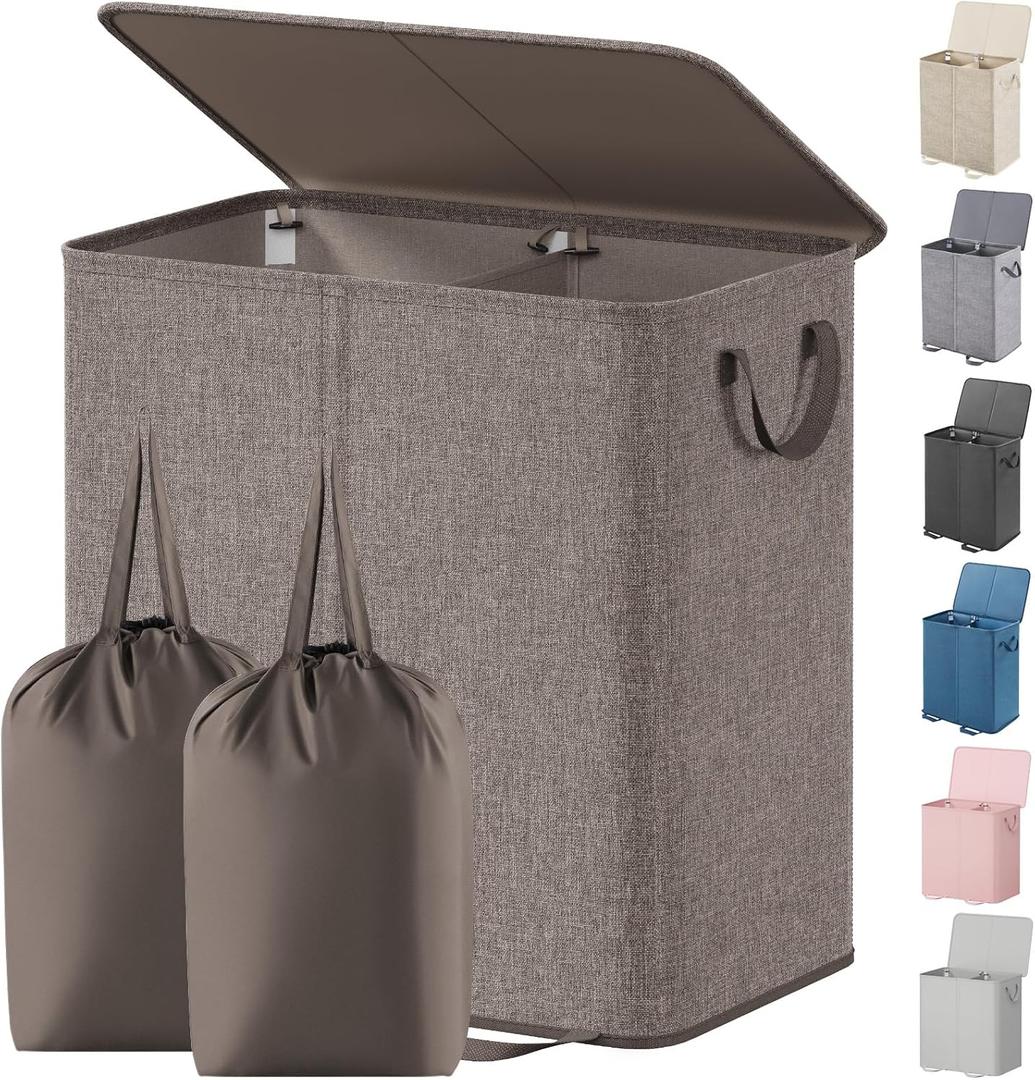 Lifewit Double Laundry Hamper with Lid and Removable Laundry Bags, Large Collapsible 2 Dividers Dirty Clothes Basket with Handles for Bedroom Laundry Room Closet Bathroom College, 136L Brown