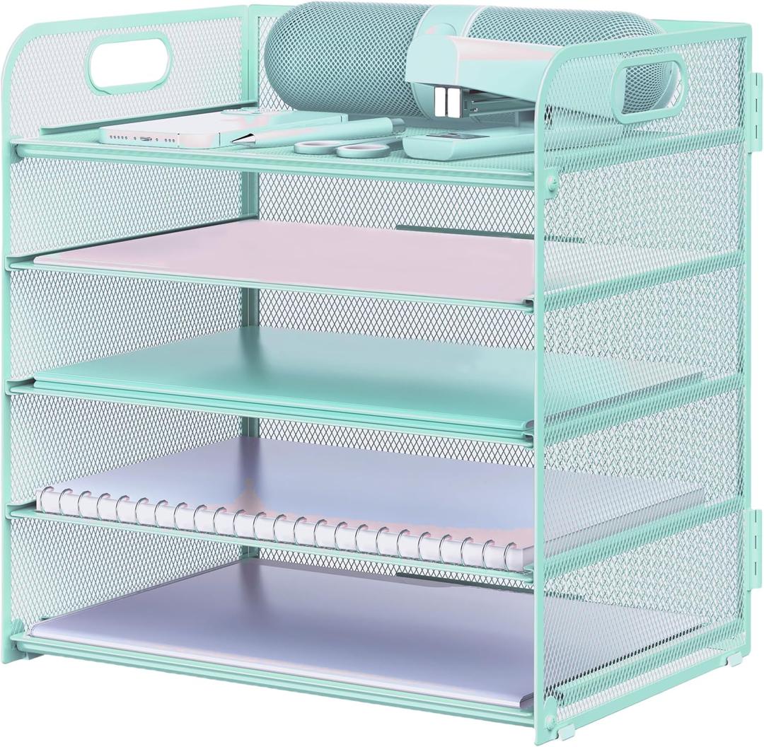 Letter Tray Paper Organizer 5-Tier Desk Organizer File Organizer Paper Holder with Handle, Metal Desktop Document Shelf Tray Office Classroom Organization - Blue (5-tier Desk Organizer,blue)