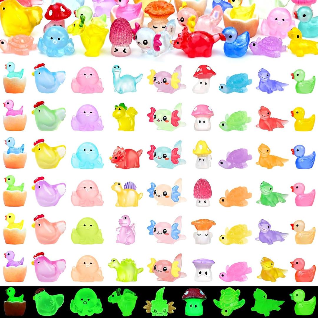 120 Pcs Luminous Mini Resin Animals Glow in The Dark Small Little Tiny Resin Figures Plastic Ducks Axolotls Garden Miniature Figurines for Crafts Micro Landscape Aquarium Decoration