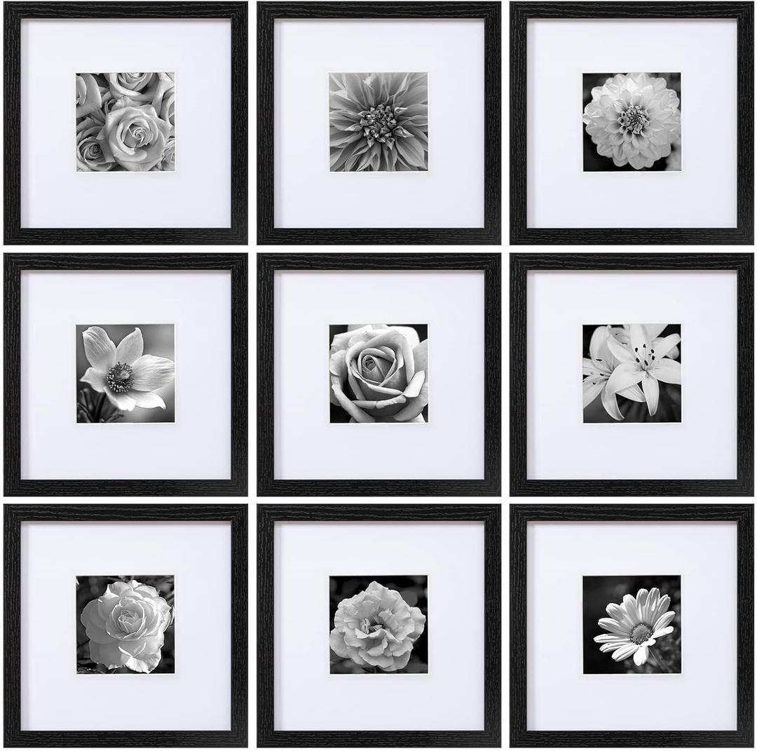 eletecpro 10x10 Picture Frames Set of 9 with Mat for 5x5 Photos or without Mat for 10x10, Square Gallery Wall Decor Collage for Picture Display, Black Frame Set for Wall Hanging