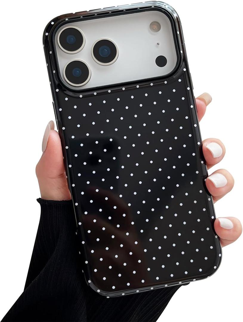 Compatible with iPhone 17 Pro Max Case, Fashion Cute Polka Dot Pattern Aesthetic Design for Women, Soft TPU and Hard Back Shockproof Phone Case for iPhone 17 Pro Max 6.9 inch, Black