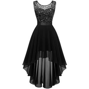 BeryLove Sequin Wedding Guest Formal Cocktail Dresses Prom Party Lace High Low Bridesmaid Elegant Dress M Black
