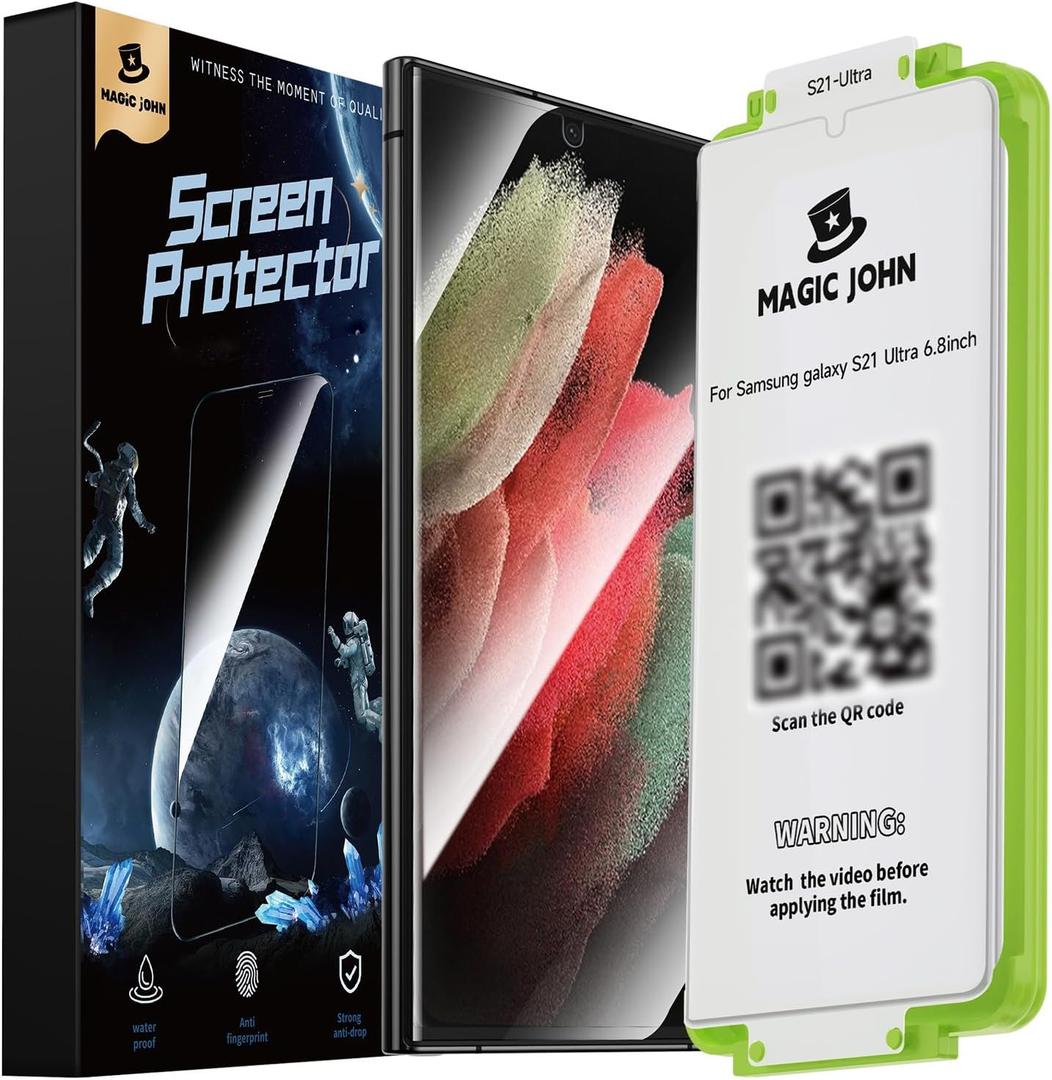 MAGIC JOHN 2 Pack for Samsung Galaxy S21 Ultra Screen Protector [Ceramic Film Material Not Glass] 6.8 inch,[100% Fingerprint ID Compatible] Easy Installation Tray, Shock-Resistant, 3D Curved, Bubble