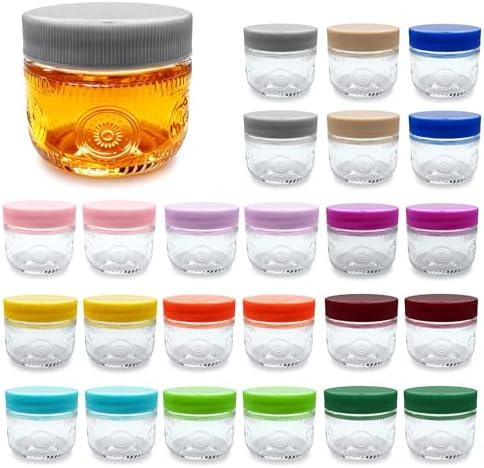 Amzcku 2 oz Mini Glass Mason Jars with Mouth Colored Lids - 24-Pack Glass Canning Jars for Storage, Overnight Oats, Jam, Jelly, Honey, Beans, Spices, Wedding Favors, Shower Favors