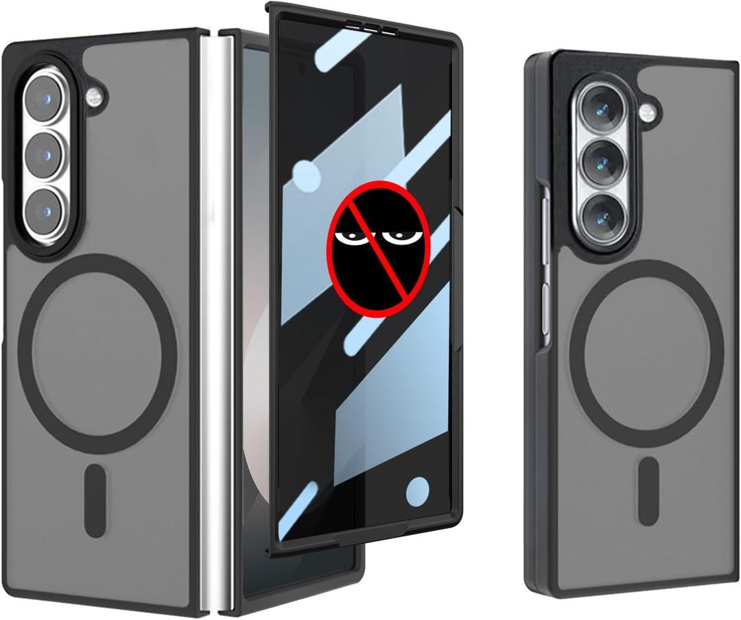 for Samsung Galaxy Z Fold 6 Case, Compatible with Most of Magsafe Accessories, Privacy Screen Protector, Ultra Thin and Slim, Camera Protection, Translucent Clear Back Magnetic 2024, Black