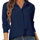Blue Button Down Shirt Women Womens Blouses and Tops Dressy Elegant Business Attire Casual Summer Beach Long Sleeve Dress Shirts v Neck Party Club Night Collar Uniform Going Out Navy Blue, Size S