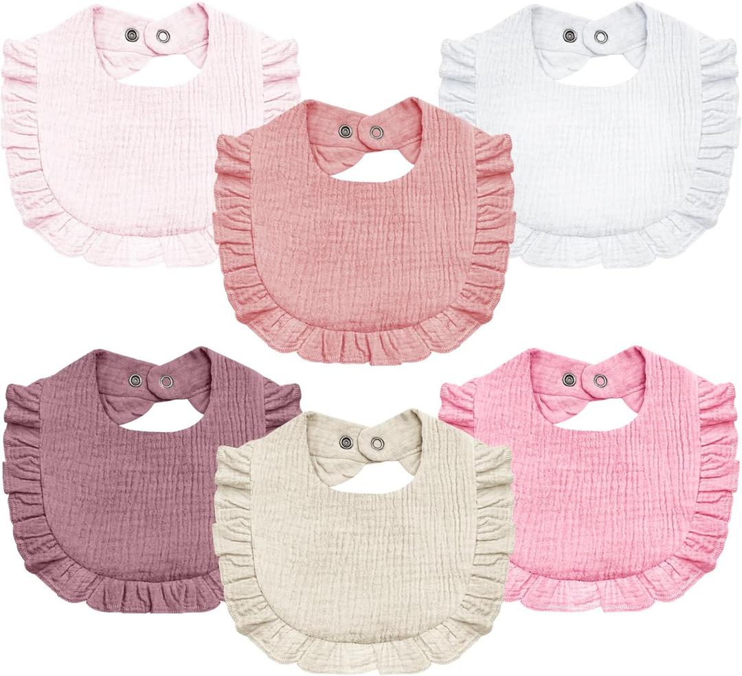 Baby Muslin Bibs,6 Pcs Drool Bandana Bibs for Baby Girl Drooling and Teething,Soft and Absorbent Cotton for Newborn (Pink & White)