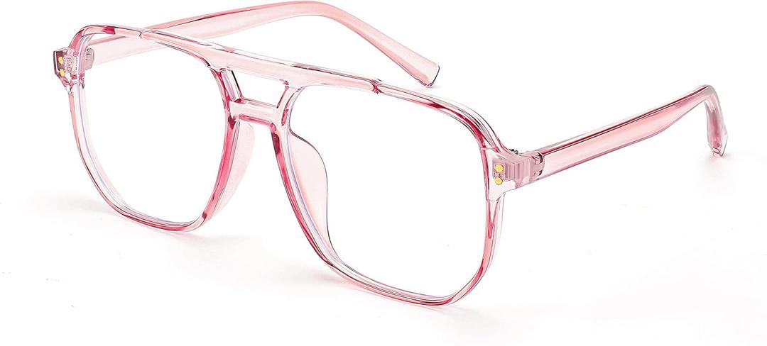 FEISEDY Blue Light Blocking Glasses Fake Nerd Clear Square Computer Lightweight Pilot Glasses Frame Oversized B2866 (Transparent Pink Frame)
