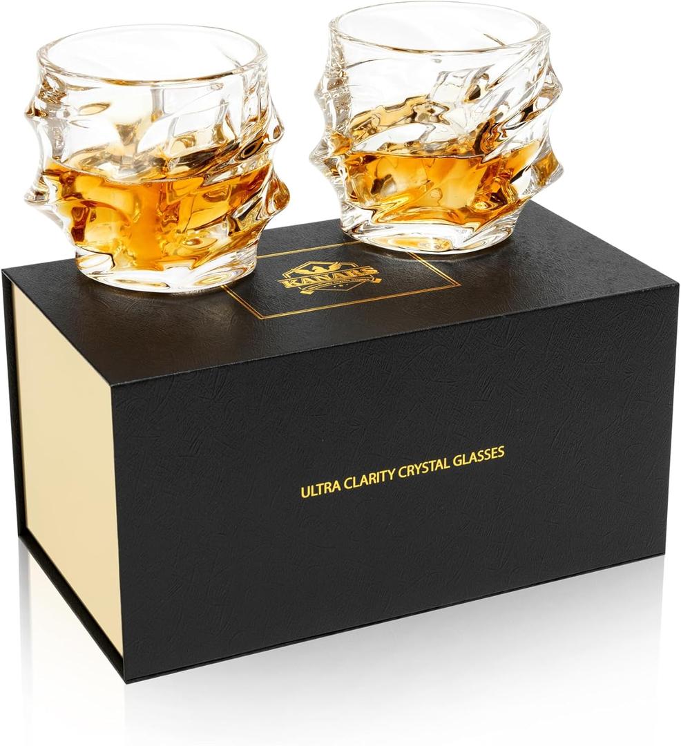KANARS Whiskey Glass 11 Oz, Set of 2 Crystal Rock Glasses for Scotch Bourbon Snifter Brandy Irish Whisky, Unique Liquor Tumblers for Men Dad Gift