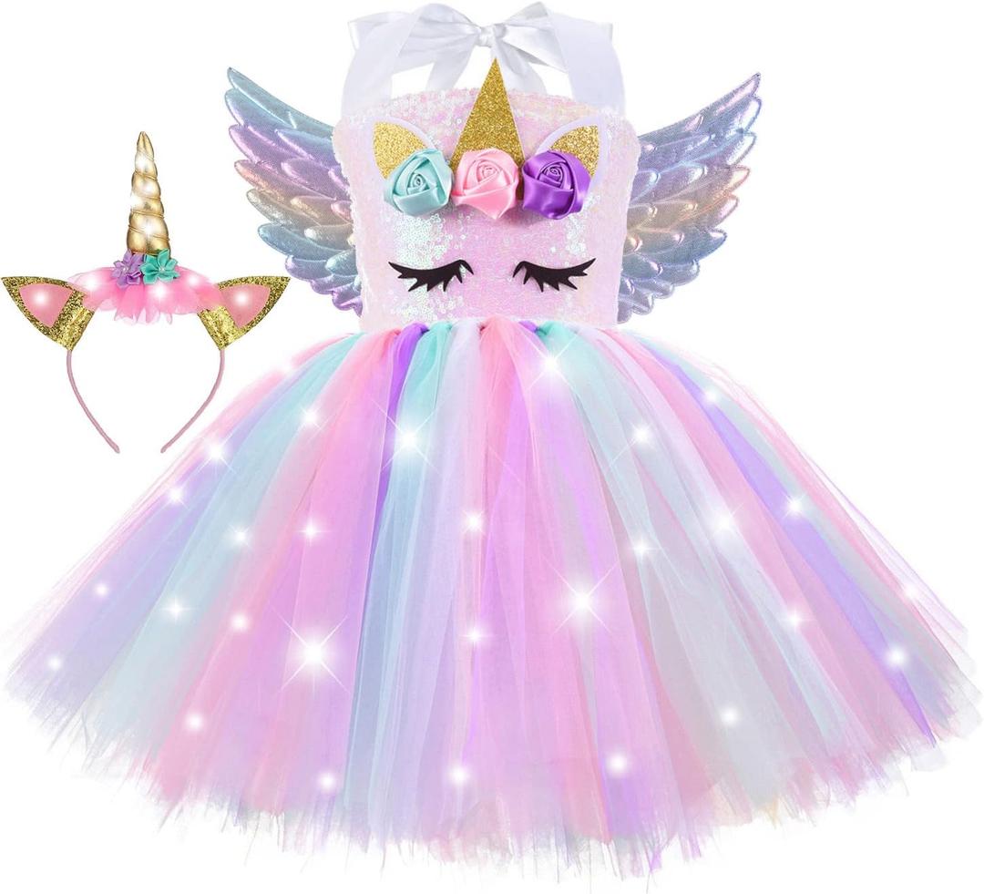 ZeroStage Sequin LED Light Unicorn Costume for Girl Birthday Decorations Halloween Christmas Party Outfit Princess Tutu Dress (3-4T, Pink With Wings)