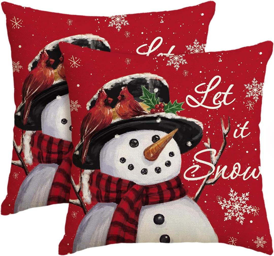 AVOIN colorlife Let it Snow Snowman Christmas Red Throw Pillow Covers Set of 2, 18 x 18 Inch Winter Holiday Cushion Case Decoration for Sofa Couch