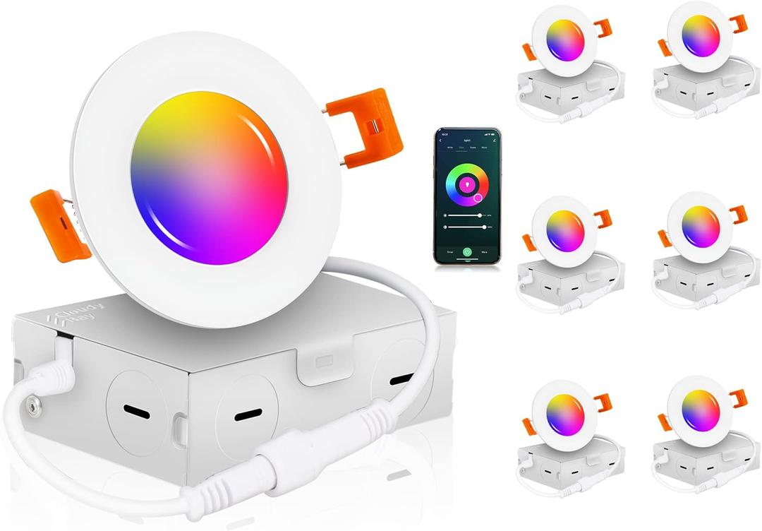 CLOUDY BAY [6 Pack] 3 inch Smart WiFi LED Recessed Lights,RGBCW Color Changing,Compatible with Alexa and Google Home Assistant,No Hub Required,2700K-6500K,IC Rated