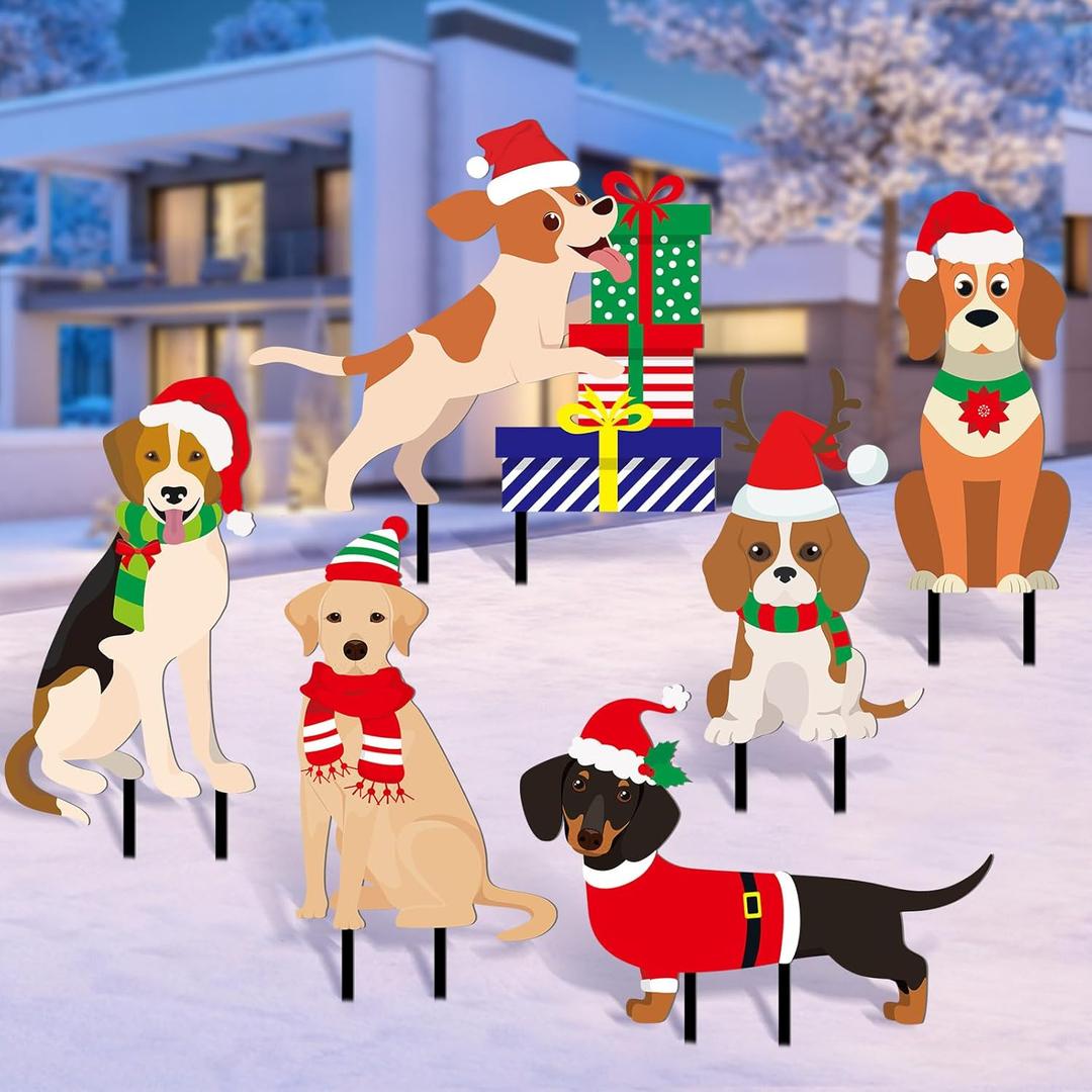 Sosation 6 Pcs Metal Christmas Dog Outdoor Decorations Merry Christmas Sign Xmas Dog Yard Stake Outdoor Patio Yard Lawn Signs Garden Stakes for Outside Xmas Holiday Garden Pathway
