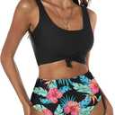 ZAFUL Women's High Waisted Tankini Swimsuit Scoop Neck Ruched Bikini Set Tummy Control 2 Piece Bathing Suit (Large)
