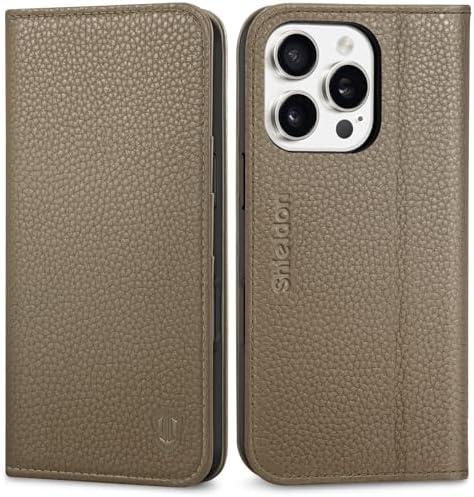 SHIELDON Wallet Case for iPhone 16 Pro 5G 6.3", Genuine Leather Folio Magnetic Kickstand RFID Blocking Credit Card Holder Drop Protection Cover Compatible with iPhone 16 Pro 2024 - Pebbled Khaki