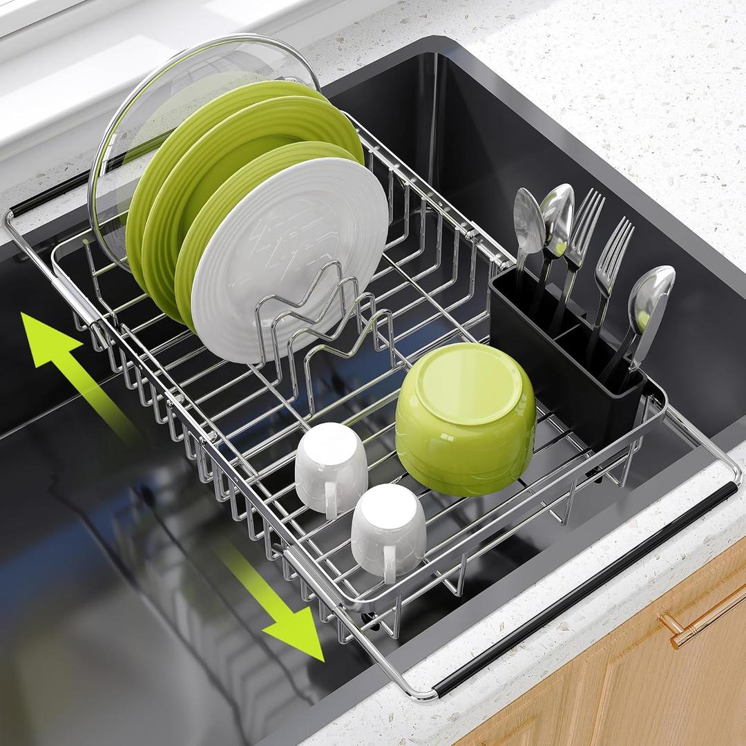 Expandable Stainless Steel Dish Drying Rack Over The Sink For Small Kitchen, Counter Space Saving Compact Metal Plate Drainer Strainer, Adjustable Hanging Inside Sink Rust Proof Wire Dryer Holder (Silver)
